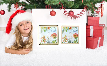 Set of 4 MDF Wood Square Coasters for Tea Coffee Cups Mugs Drinks Glass, Floral Design in a Gift Box (Pink)
