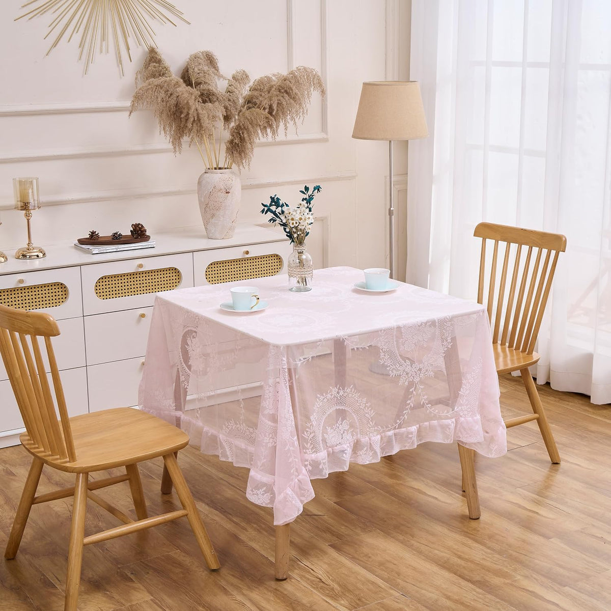 Pink Floral Lace Square Tablecloth 55”x55” Vintage Table Cloth