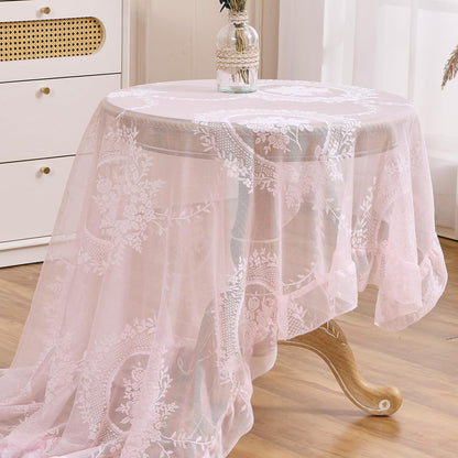 Pink Floral Lace Square Tablecloth 55”x55” Vintage Table Cloth