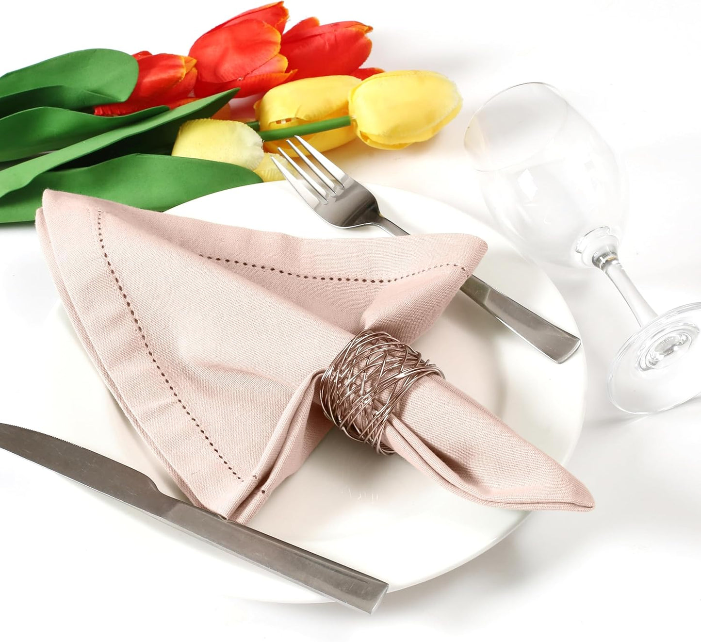 Set of 4 Linen Bidding Cloth Napkins 18x18 - Reusable Washable Fabric Dinner Napkins with Mitered Corners, Flax Cotton Blend, Long-Lasting Durability, Perfect for Everyday Use. (Peach, Pack of 4)