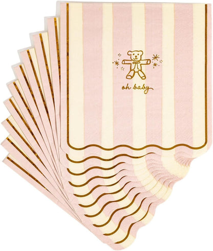 Baby Shower Scalloped Pink/White Stripe Cocktail Napkins – 5inch, 40pcs