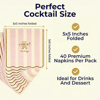 Baby Shower Scalloped Pink/White Stripe Cocktail Napkins – 5inch, 40pcs