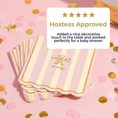 Baby Shower Scalloped Pink/White Stripe Cocktail Napkins – 5inch, 40pcs
