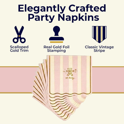 Baby Shower Scalloped Pink/White Stripe Cocktail Napkins – 5inch, 40pcs