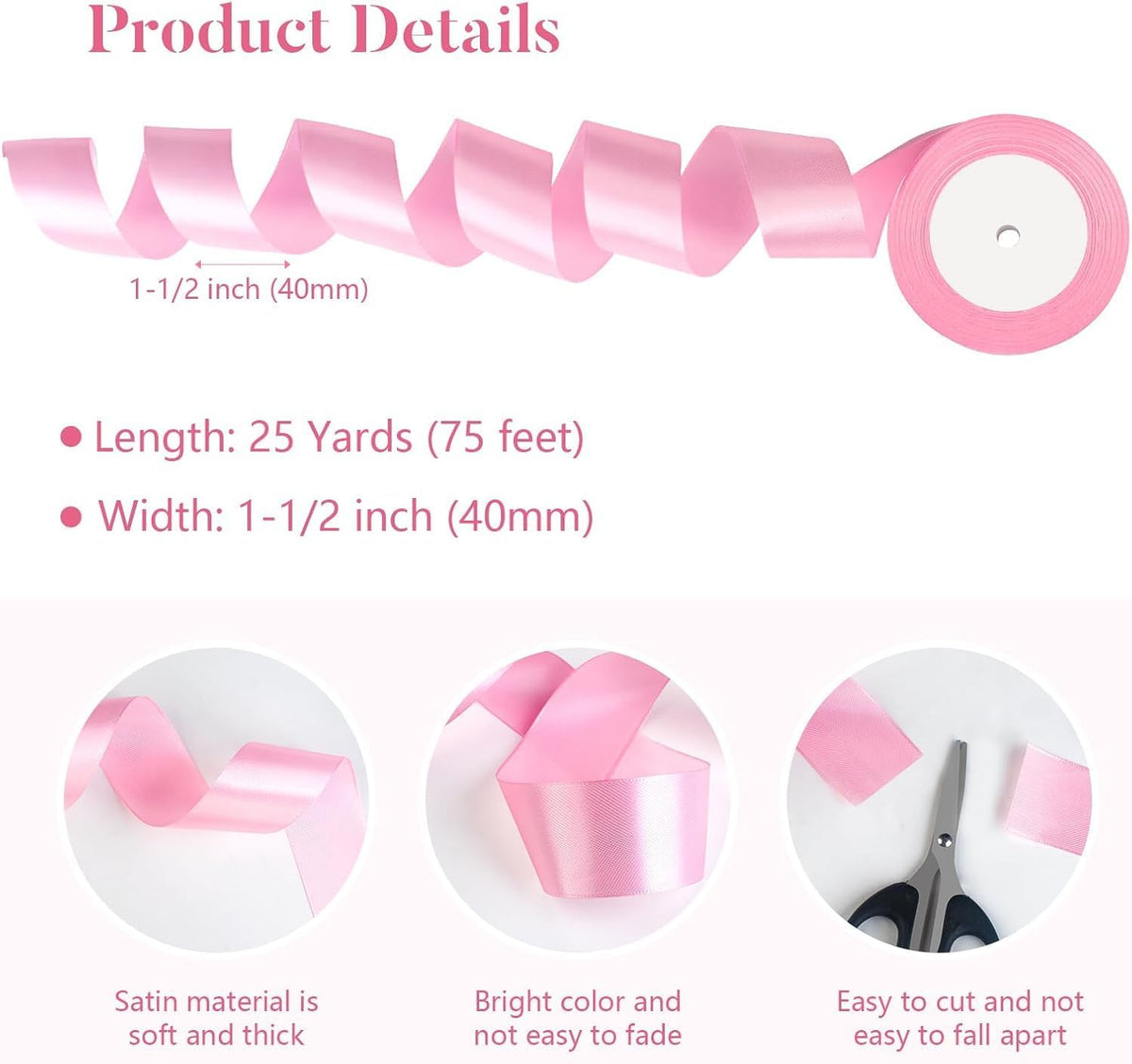 Pink Satin Ribbon 1-1/2 Inch x 2 Rolls Pink Wide Satin Fabric Ribbon for Gift Packaging, Christmas, Wedding, Flower Bouquet, Holiday Party, Invitation, Total 50 Yards