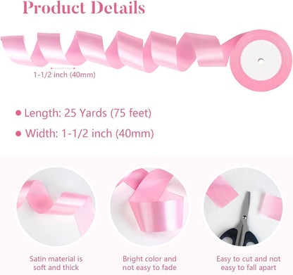 Pink Satin Ribbon 1-1/2 Inch x 2 Rolls Pink Wide Satin Fabric Ribbon for Gift Packaging, Christmas, Wedding, Flower Bouquet, Holiday Party, Invitation, Total 50 Yards