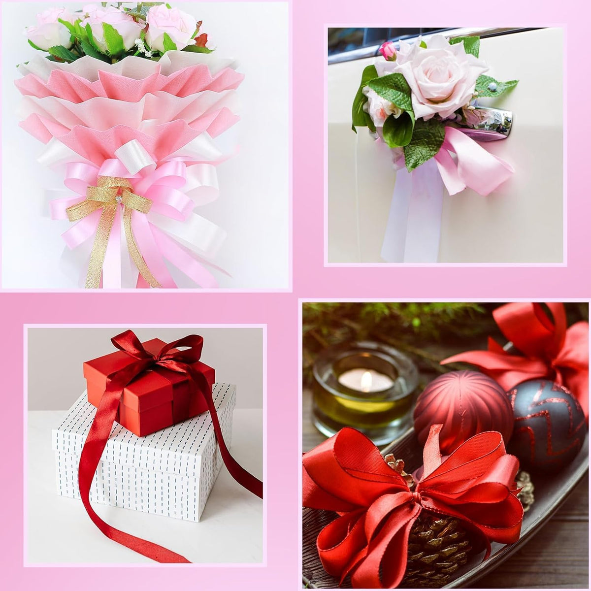Pink Satin Ribbon 1-1/2 Inch x 2 Rolls Pink Wide Satin Fabric Ribbon for Gift Packaging, Christmas, Wedding, Flower Bouquet, Holiday Party, Invitation, Total 50 Yards