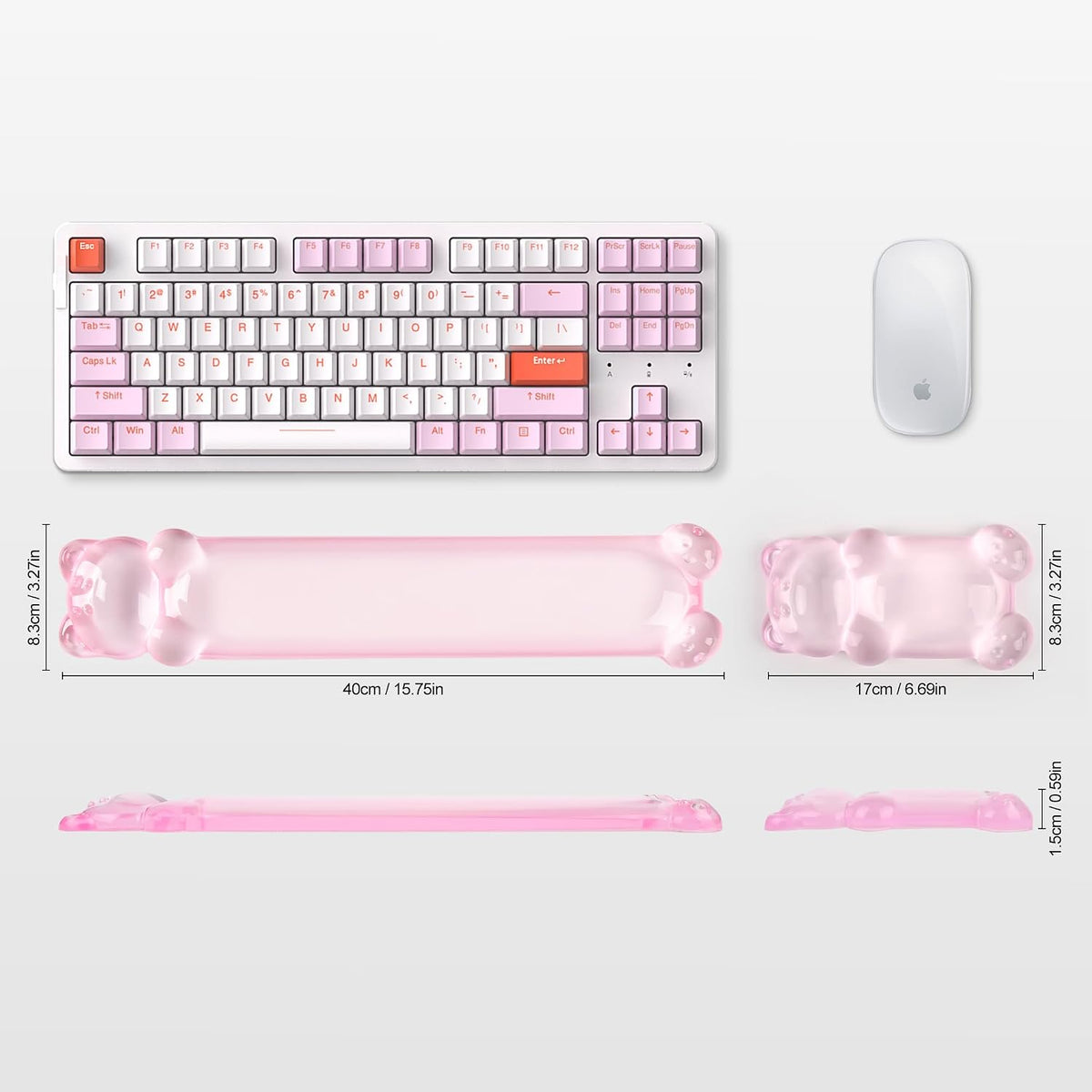Gel Keyboard and Mouse Wrist Rest Set – Clear Wrist Rest for Computer Keyboard 60%/68%/75%, Comfort & Support for Typing and Gaming(Cute Pink Bear)