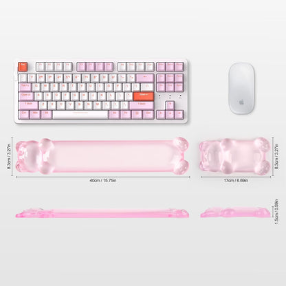 Gel Keyboard and Mouse Wrist Rest Set – Clear Wrist Rest for Computer Keyboard 60%/68%/75%, Comfort & Support for Typing and Gaming(Cute Pink Bear)
