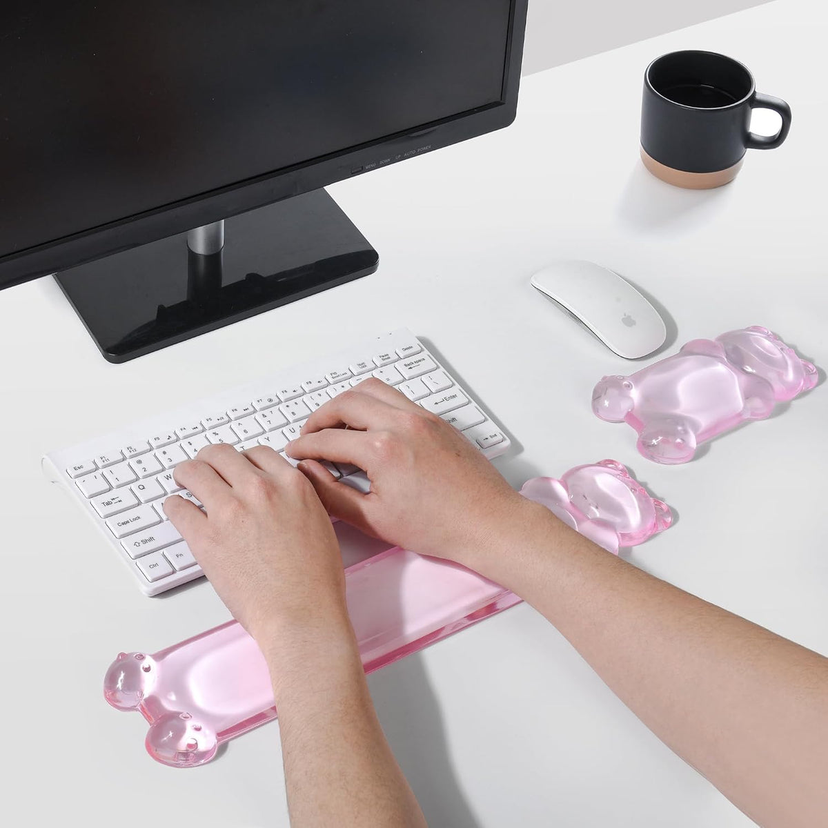 Gel Keyboard and Mouse Wrist Rest Set – Clear Wrist Rest for Computer Keyboard 60%/68%/75%, Comfort & Support for Typing and Gaming(Cute Pink Bear)