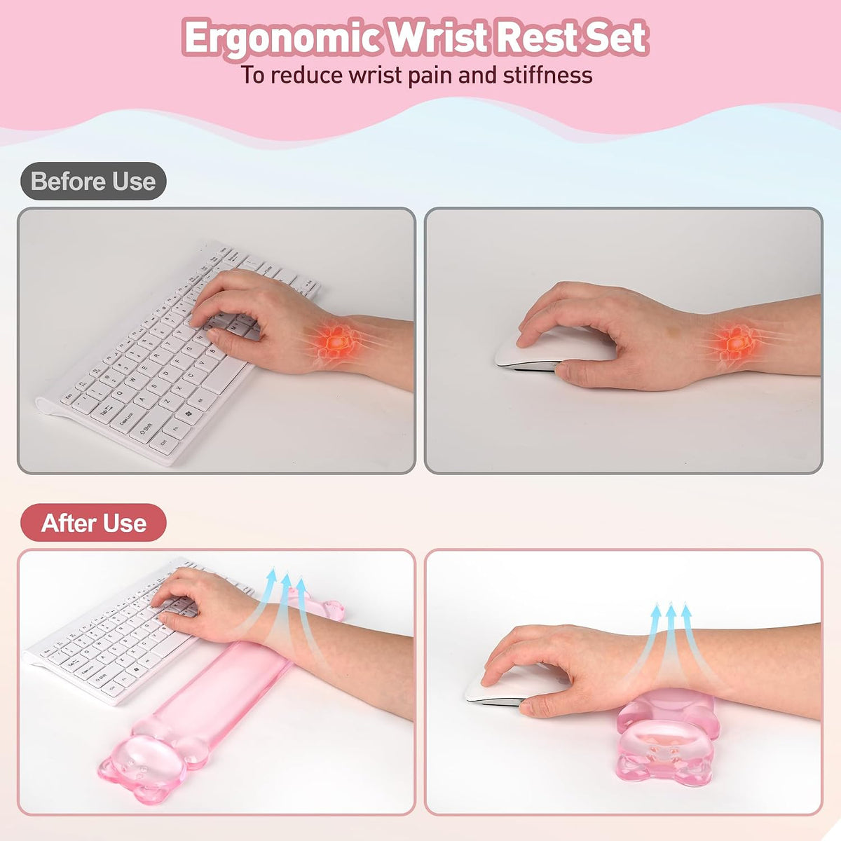 Gel Keyboard and Mouse Wrist Rest Set – Clear Wrist Rest for Computer Keyboard 60%/68%/75%, Comfort & Support for Typing and Gaming(Cute Pink Bear)