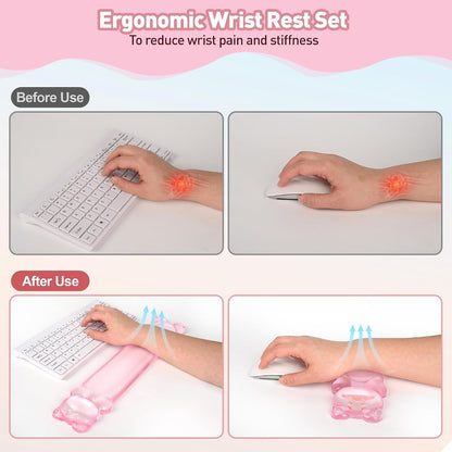 Gel Keyboard and Mouse Wrist Rest Set – Clear Wrist Rest for Computer Keyboard 60%/68%/75%, Comfort & Support for Typing and Gaming(Cute Pink Bear)