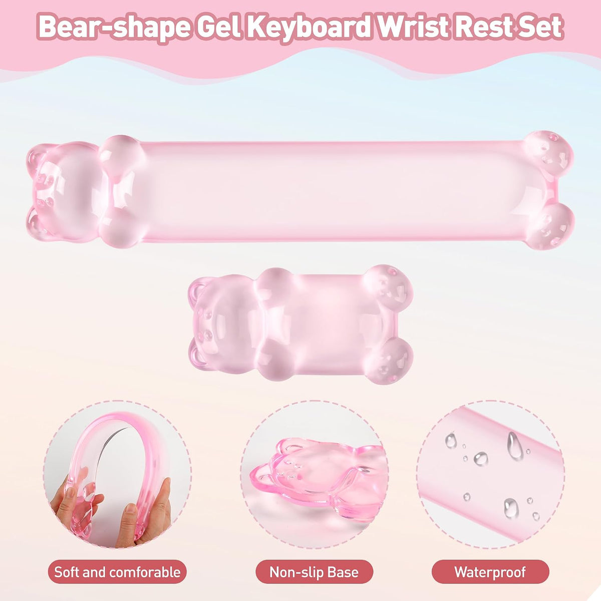 Gel Keyboard and Mouse Wrist Rest Set – Clear Wrist Rest for Computer Keyboard 60%/68%/75%, Comfort & Support for Typing and Gaming(Cute Pink Bear)