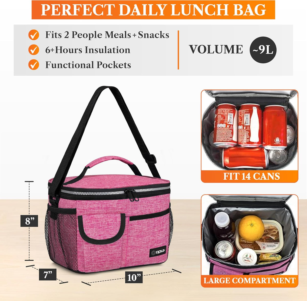 Insulated Lunch Box Adult, 14 Can Leakproof Cooler Bag Kid, Pink