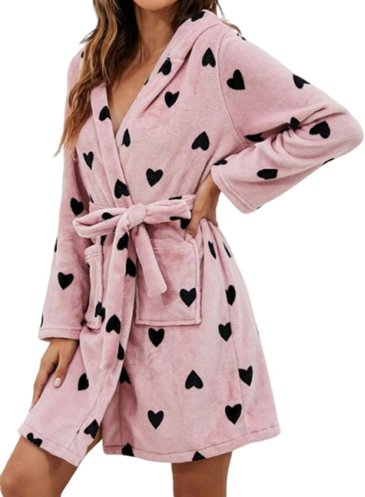 Womens Printed Warm Fuzzy Robe Soft Plush Belted Short Hooded Bathrobe with Pockets