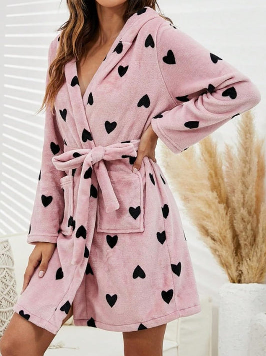 Womens Printed Warm Fuzzy Robe Soft Plush Belted Short Hooded Bathrobe with Pockets