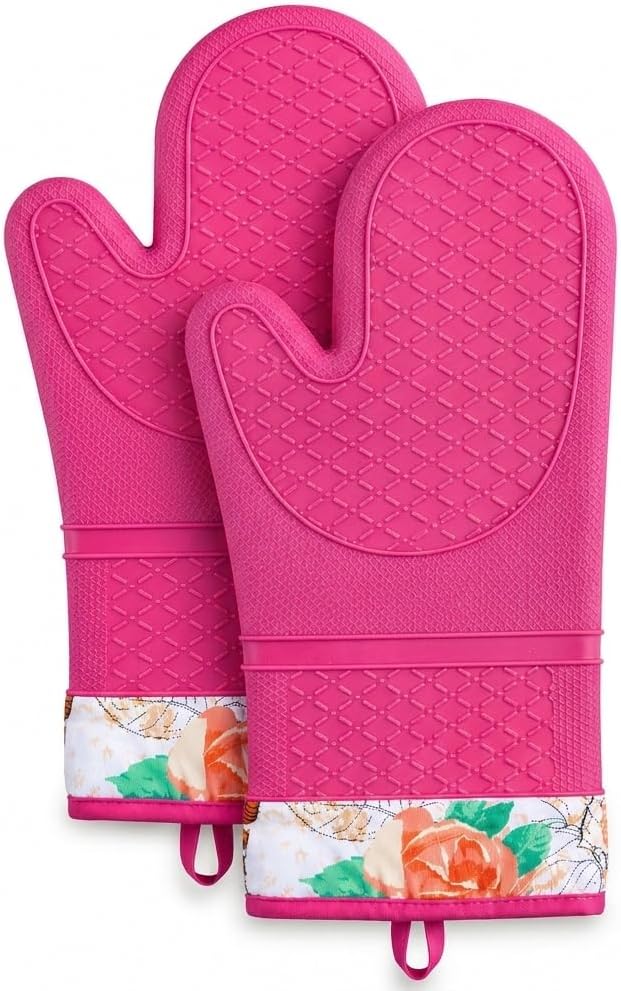 Silicone Oven Mitts, Heat Resistant Kitchen Gloves,500°F,Pink