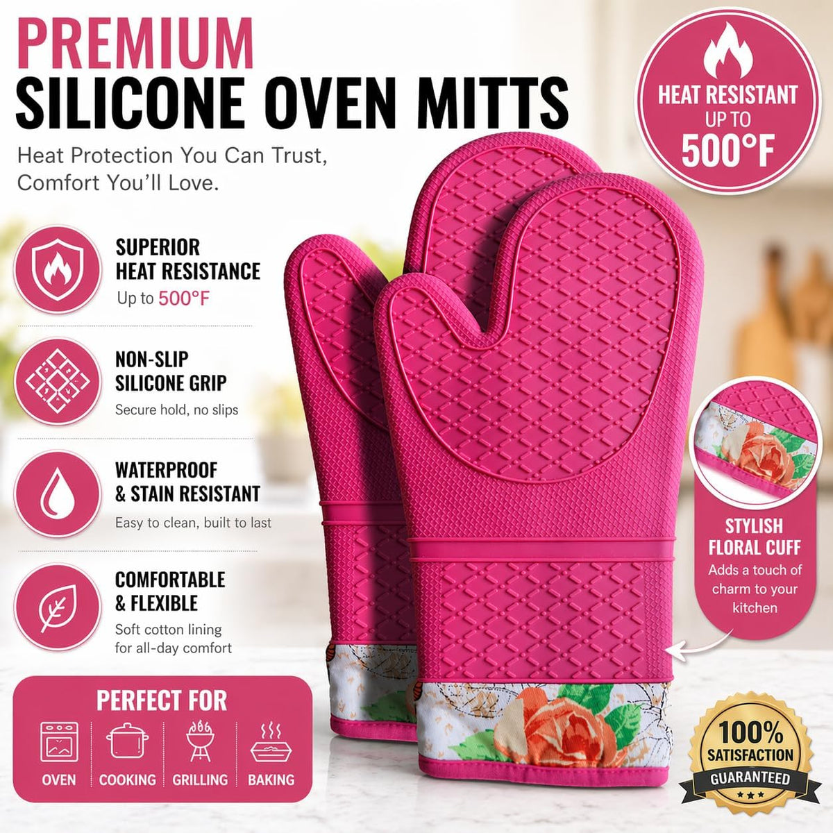 Silicone Oven Mitts, Heat Resistant Kitchen Gloves,500°F,Pink