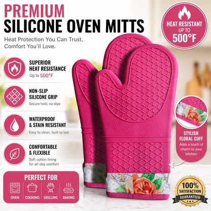 Silicone Oven Mitts, Heat Resistant Kitchen Gloves,500°F,Pink