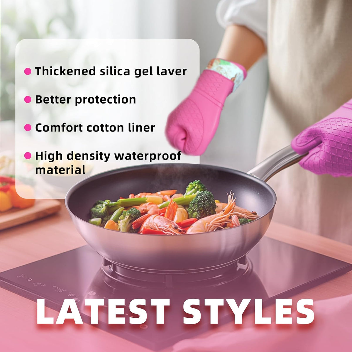 Silicone Oven Mitts, Heat Resistant Kitchen Gloves,500°F,Pink