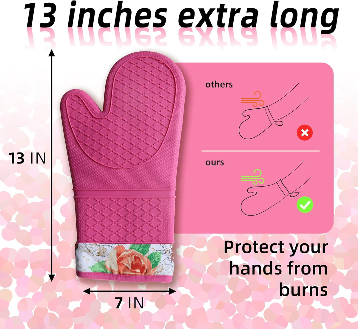 Silicone Oven Mitts, Heat Resistant Kitchen Gloves,500°F,Pink