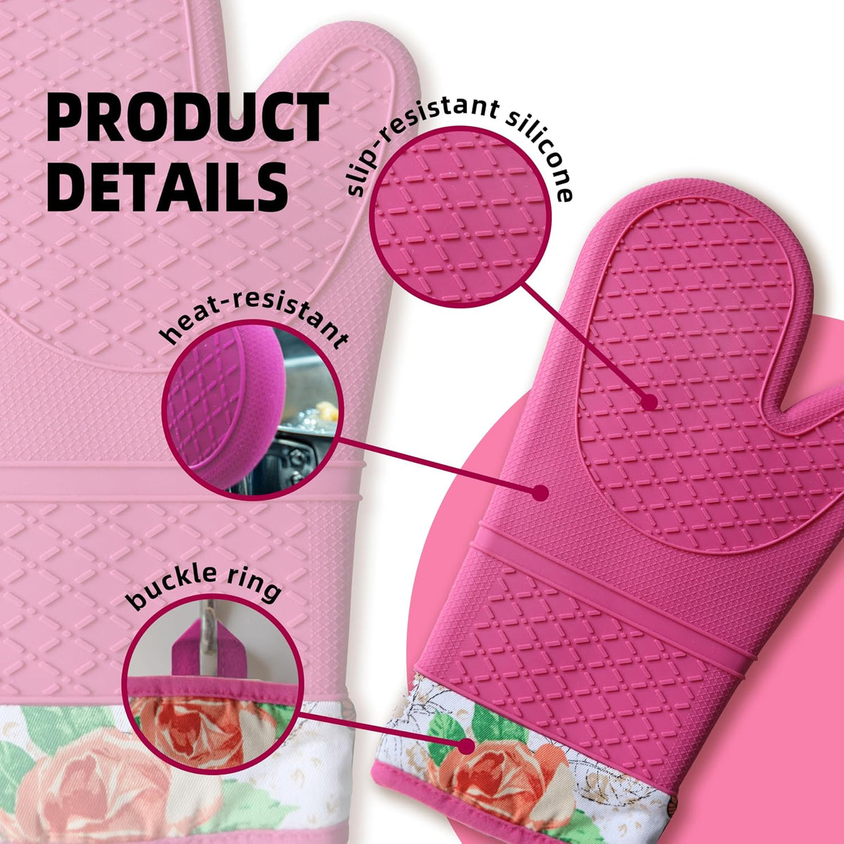 Silicone Oven Mitts, Heat Resistant Kitchen Gloves,500°F,Pink