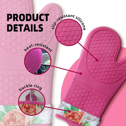 Silicone Oven Mitts, Heat Resistant Kitchen Gloves,500°F,Pink