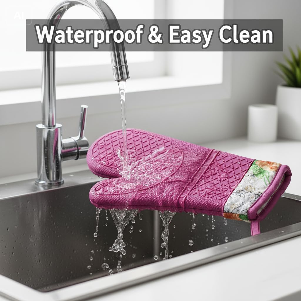 Silicone Oven Mitts, Heat Resistant Kitchen Gloves,500°F,Pink