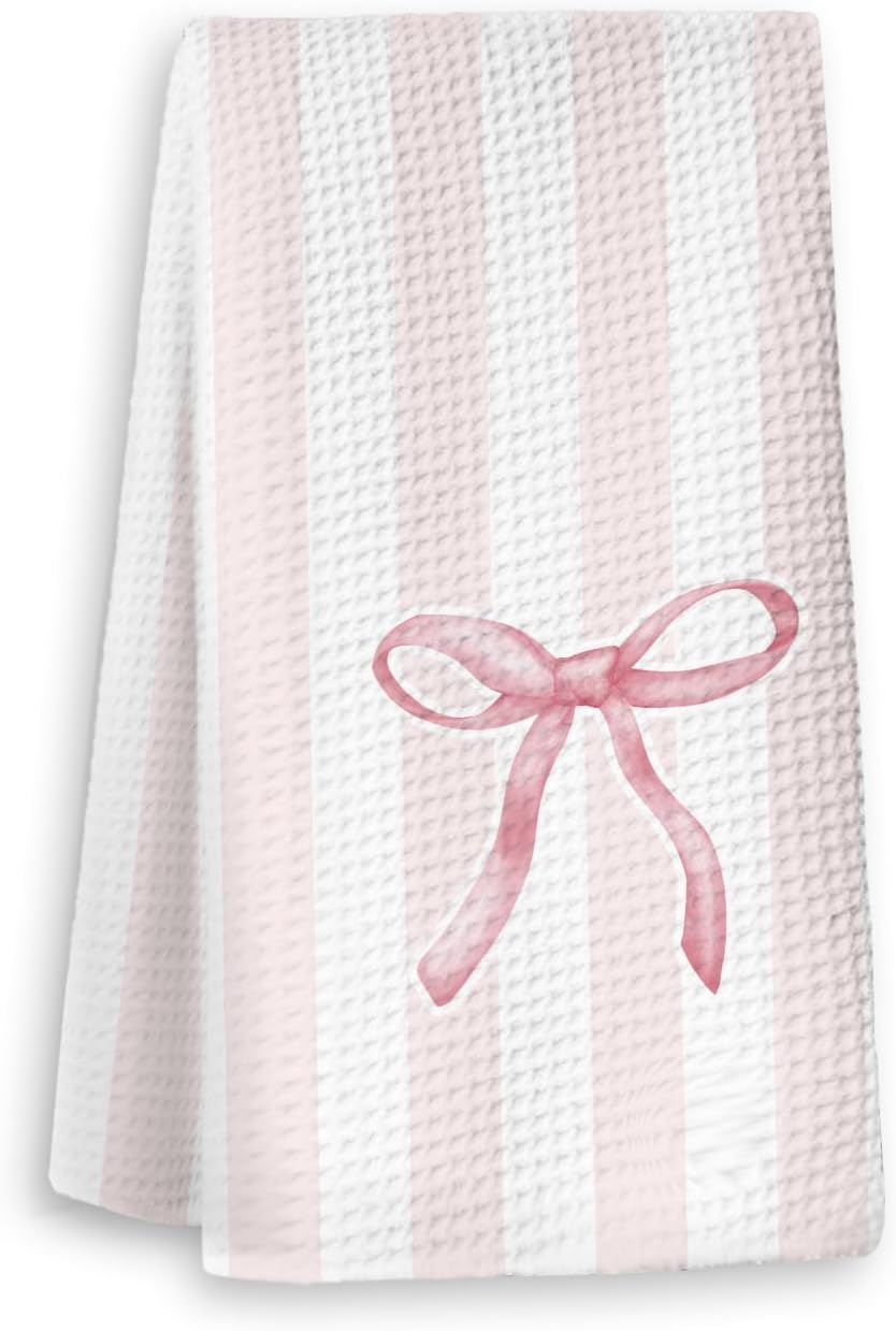 Coquette Bow Pink Striped Kitchen Towels, Preppy Aesthetic Pink Dish Tea Towels for Kitchen Decor, Preppy Bow Hand Towels for Bathroom, Coquette Girly Bathroom Decor, 16x24 Inch