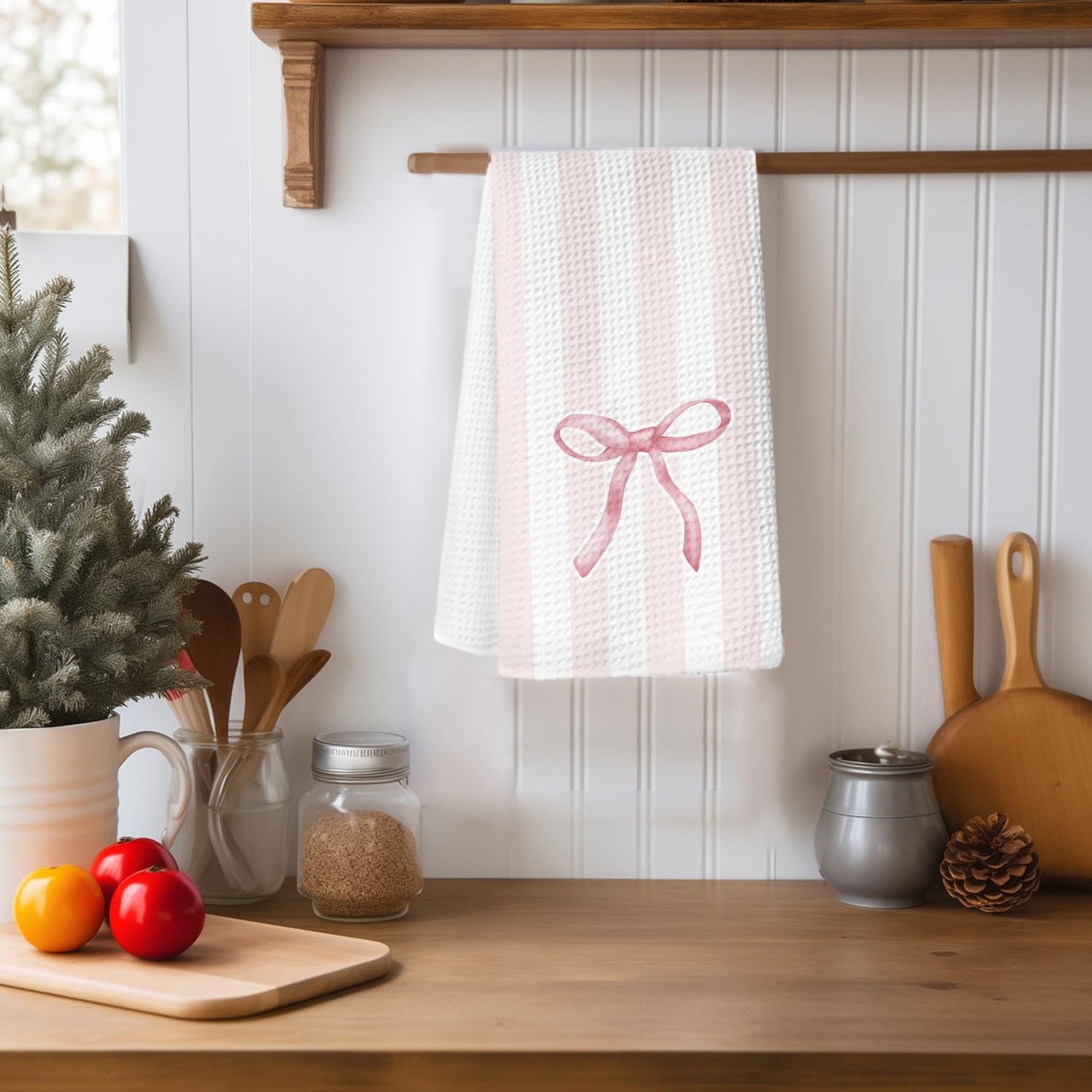 Coquette Bow Pink Striped Kitchen Towels, Preppy Aesthetic Pink Dish Tea Towels for Kitchen Decor, Preppy Bow Hand Towels for Bathroom, Coquette Girly Bathroom Decor, 16x24 Inch
