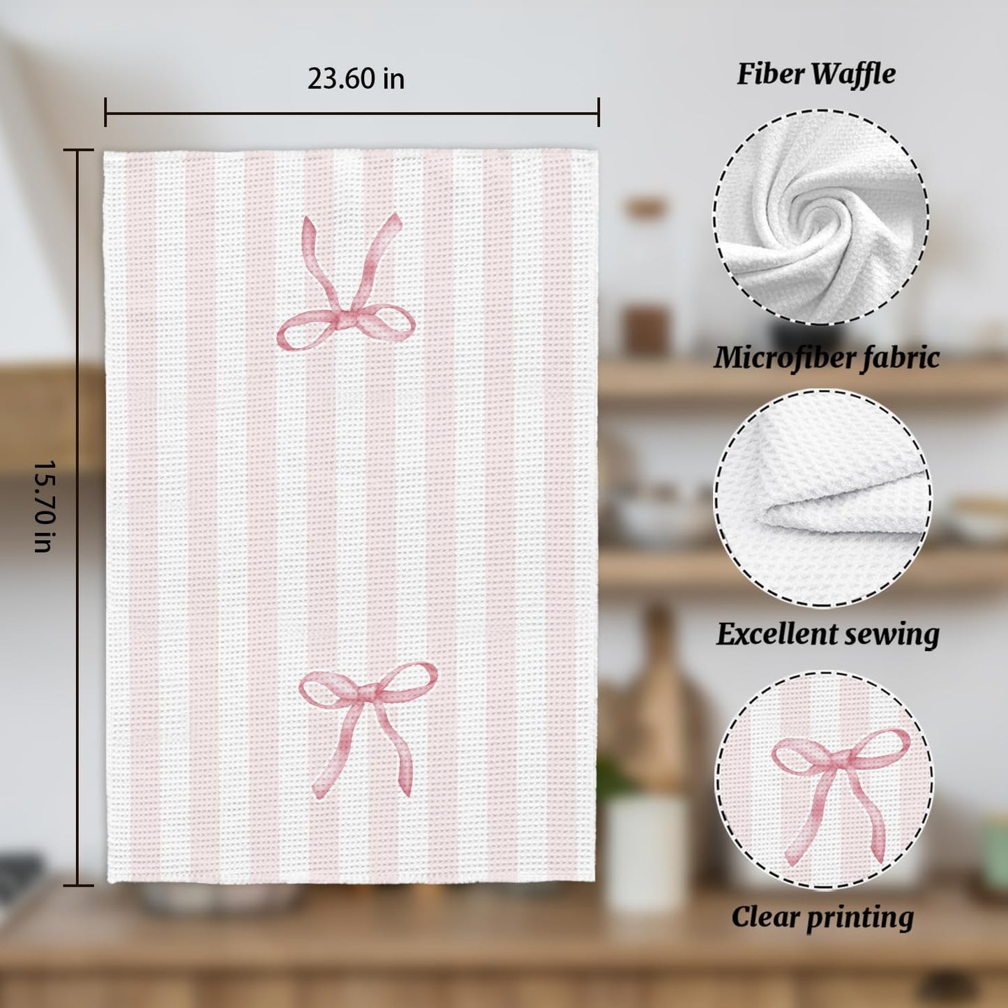 Coquette Bow Pink Striped Kitchen Towels, Preppy Aesthetic Pink Dish Tea Towels for Kitchen Decor, Preppy Bow Hand Towels for Bathroom, Coquette Girly Bathroom Decor, 16x24 Inch
