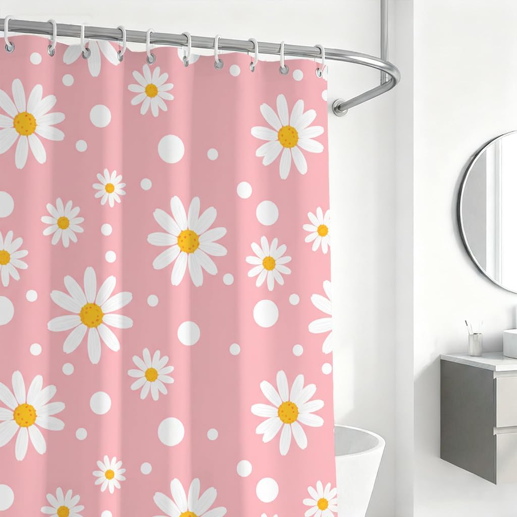 Soft Pink Daisy Polka Dot Shower Curtain - Sweet Style Waterproof Bathroom Decor, 72x72 Inches, Feminine Bathroom Partition Curtain