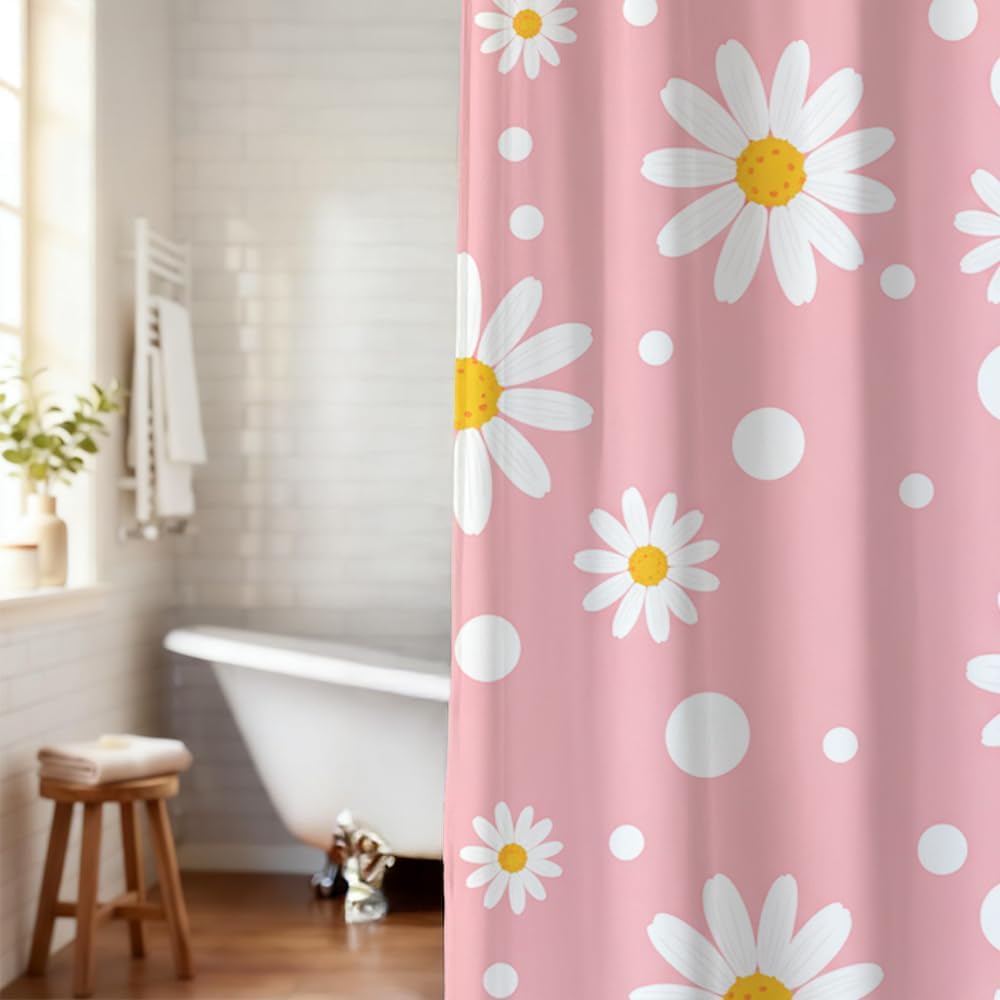 Soft Pink Daisy Polka Dot Shower Curtain - Sweet Style Waterproof Bathroom Decor, 72x72 Inches, Feminine Bathroom Partition Curtain