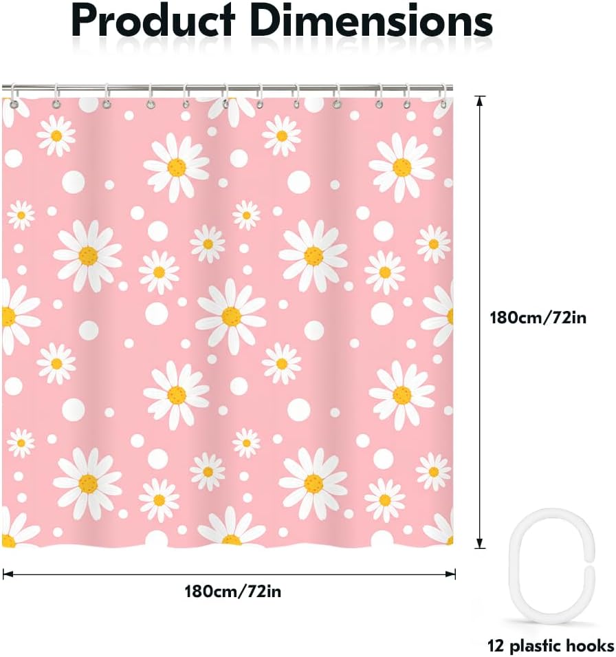 Soft Pink Daisy Polka Dot Shower Curtain - Sweet Style Waterproof Bathroom Decor, 72x72 Inches, Feminine Bathroom Partition Curtain