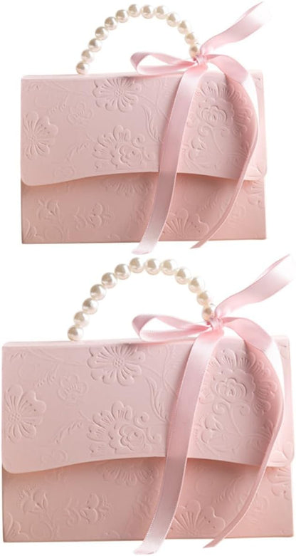 SOESFOUFU Wrapping Boxes Set 2Pcs Small Pink Embossed Flower Pattern Paper Boxes with Pearl Chain for Wedding Party Candy Present Storage and Decorative Use