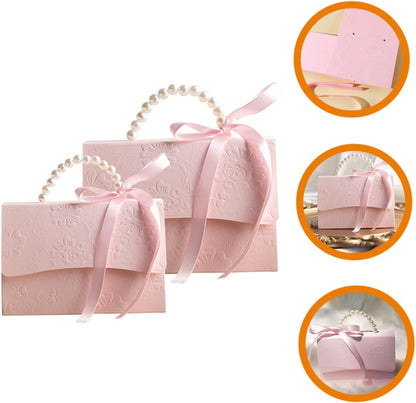 SOESFOUFU Wrapping Boxes Set 2Pcs Small Pink Embossed Flower Pattern Paper Boxes with Pearl Chain for Wedding Party Candy Present Storage and Decorative Use