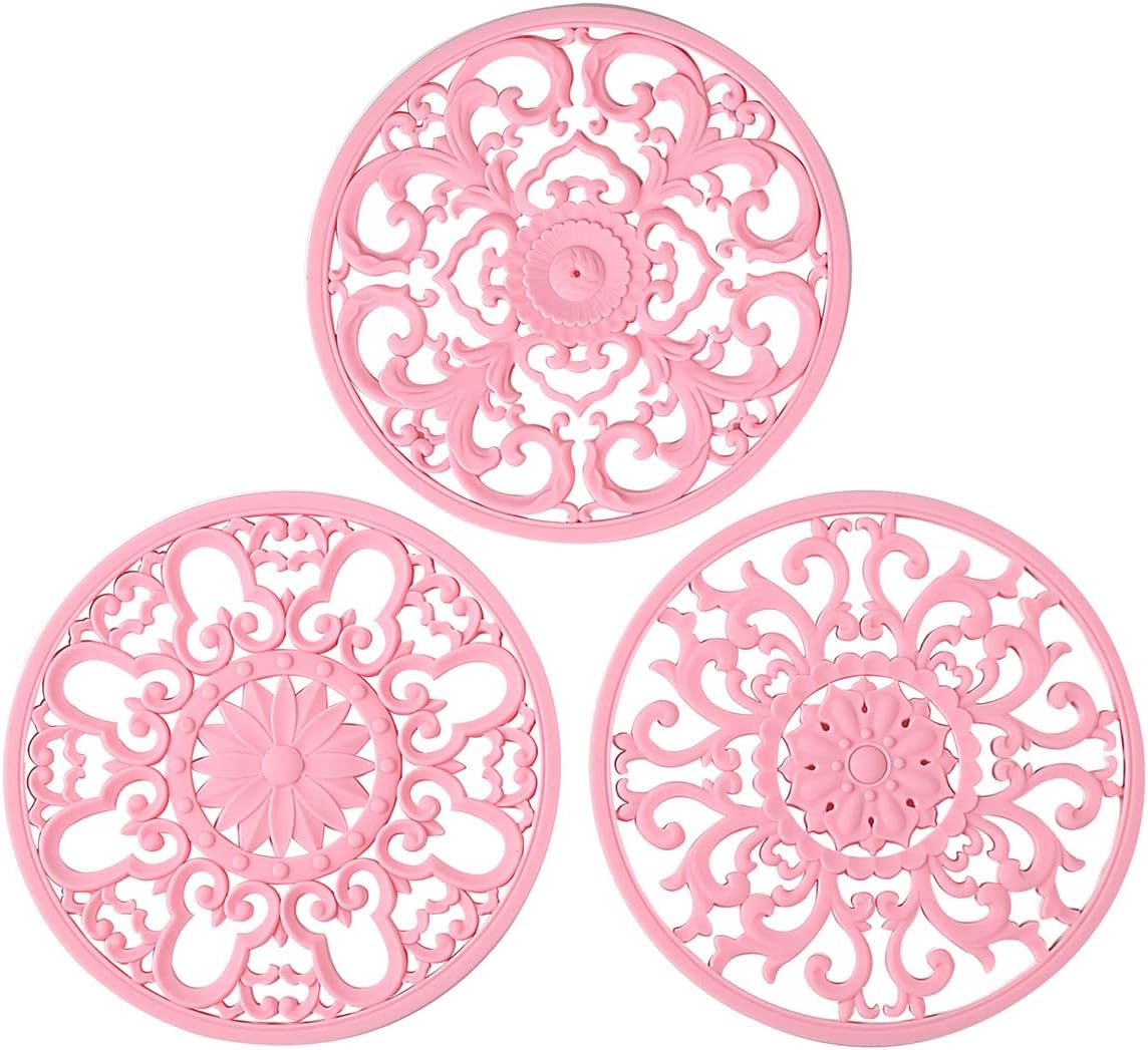 Extra Thick Silicone Trivet Mat for Hot Dishes, Hot Pots and Pans, Pot Holder, Hot Pad to Protect Your Table and Countertop, Kitchen Decor and Accessories,Pink,Set of 3