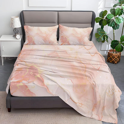 Fitted Sheet Super Soft Microfiber Bed Sheet Twin Size 3PC, Simple Rose Marble Bedding Sheet Set, 16 Inches Deep Fitted Sheet Sets for Kids Boys Girls Women Bedroom Decor Pink Peach