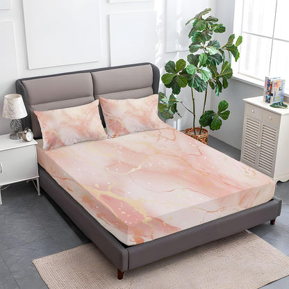 Fitted Sheet Super Soft Microfiber Bed Sheet Twin Size 3PC, Simple Rose Marble Bedding Sheet Set, 16 Inches Deep Fitted Sheet Sets for Kids Boys Girls Women Bedroom Decor Pink Peach