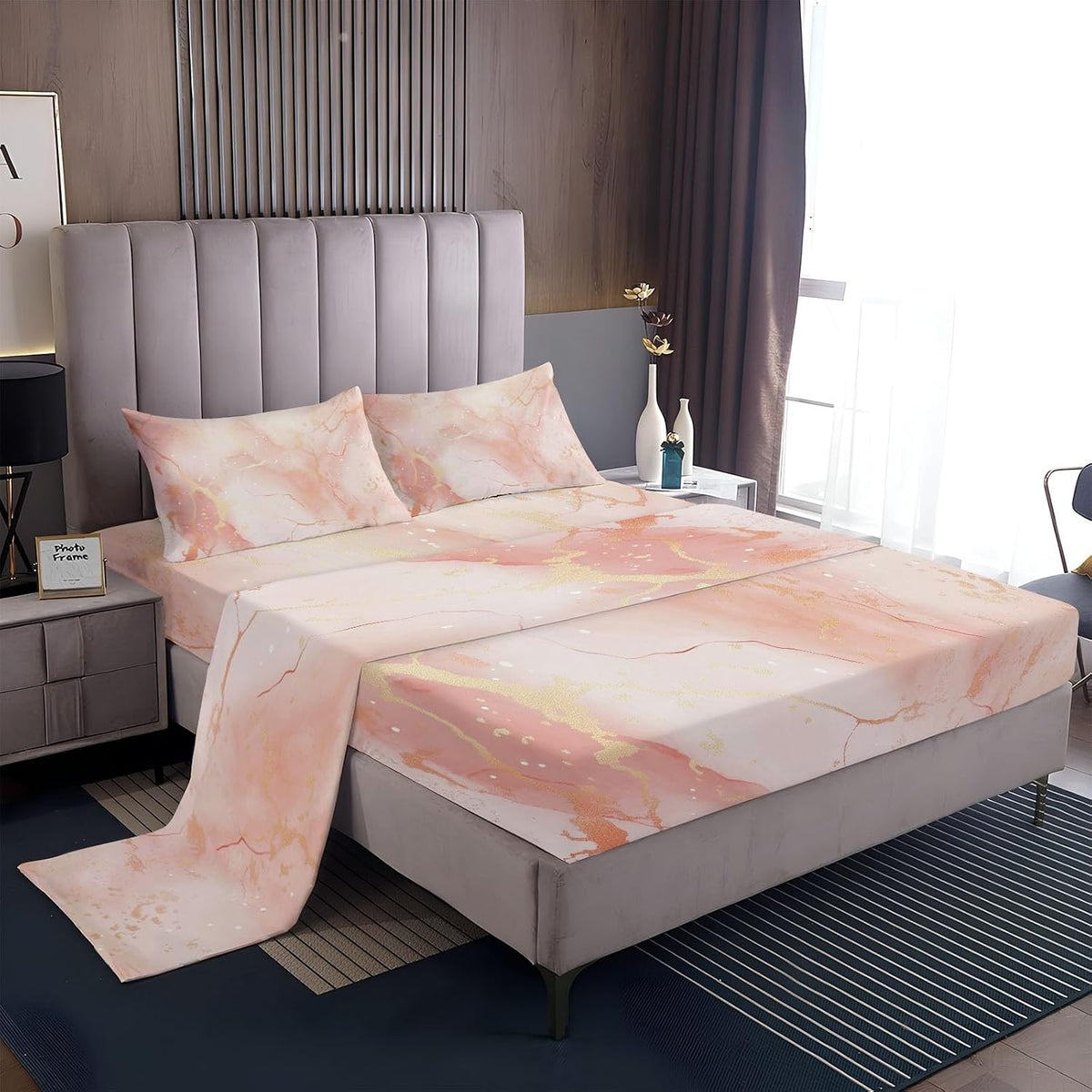 Fitted Sheet Super Soft Microfiber Bed Sheet Twin Size 3PC, Simple Rose Marble Bedding Sheet Set, 16 Inches Deep Fitted Sheet Sets for Kids Boys Girls Women Bedroom Decor Pink Peach