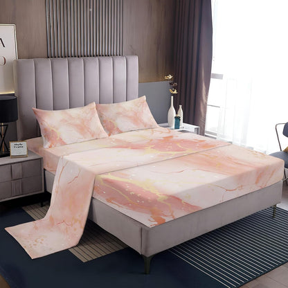 Fitted Sheet Super Soft Microfiber Bed Sheet Twin Size 3PC, Simple Rose Marble Bedding Sheet Set, 16 Inches Deep Fitted Sheet Sets for Kids Boys Girls Women Bedroom Decor Pink Peach