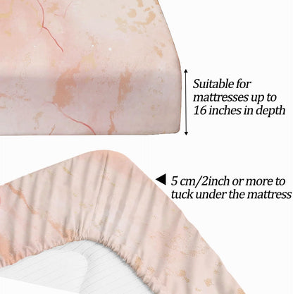 Fitted Sheet Super Soft Microfiber Bed Sheet Twin Size 3PC, Simple Rose Marble Bedding Sheet Set, 16 Inches Deep Fitted Sheet Sets for Kids Boys Girls Women Bedroom Decor Pink Peach