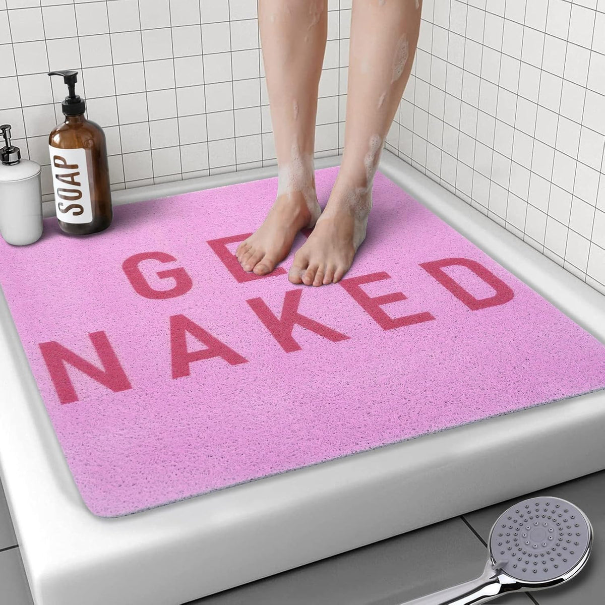 Square Shower Mat, 24 x 24 Inch Non Slip Get Naked Shower Stall Mat, Quick-Dry PVC Loofah Bath Mat for Shower Tub Bathroom