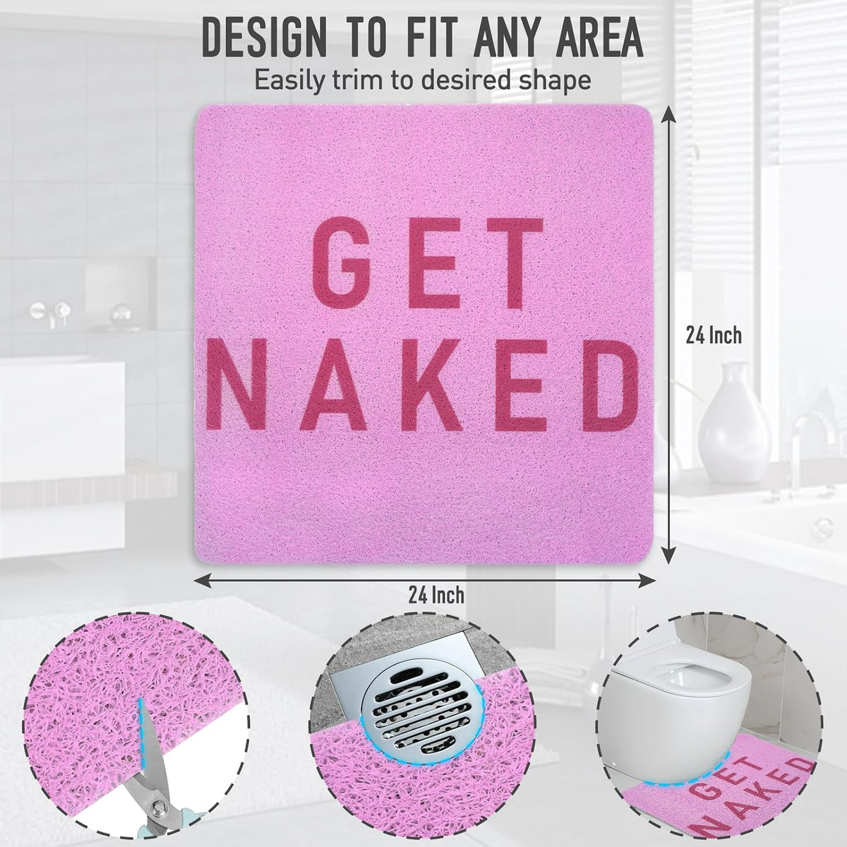 Square Shower Mat, 24 x 24 Inch Non Slip Get Naked Shower Stall Mat, Quick-Dry PVC Loofah Bath Mat for Shower Tub Bathroom
