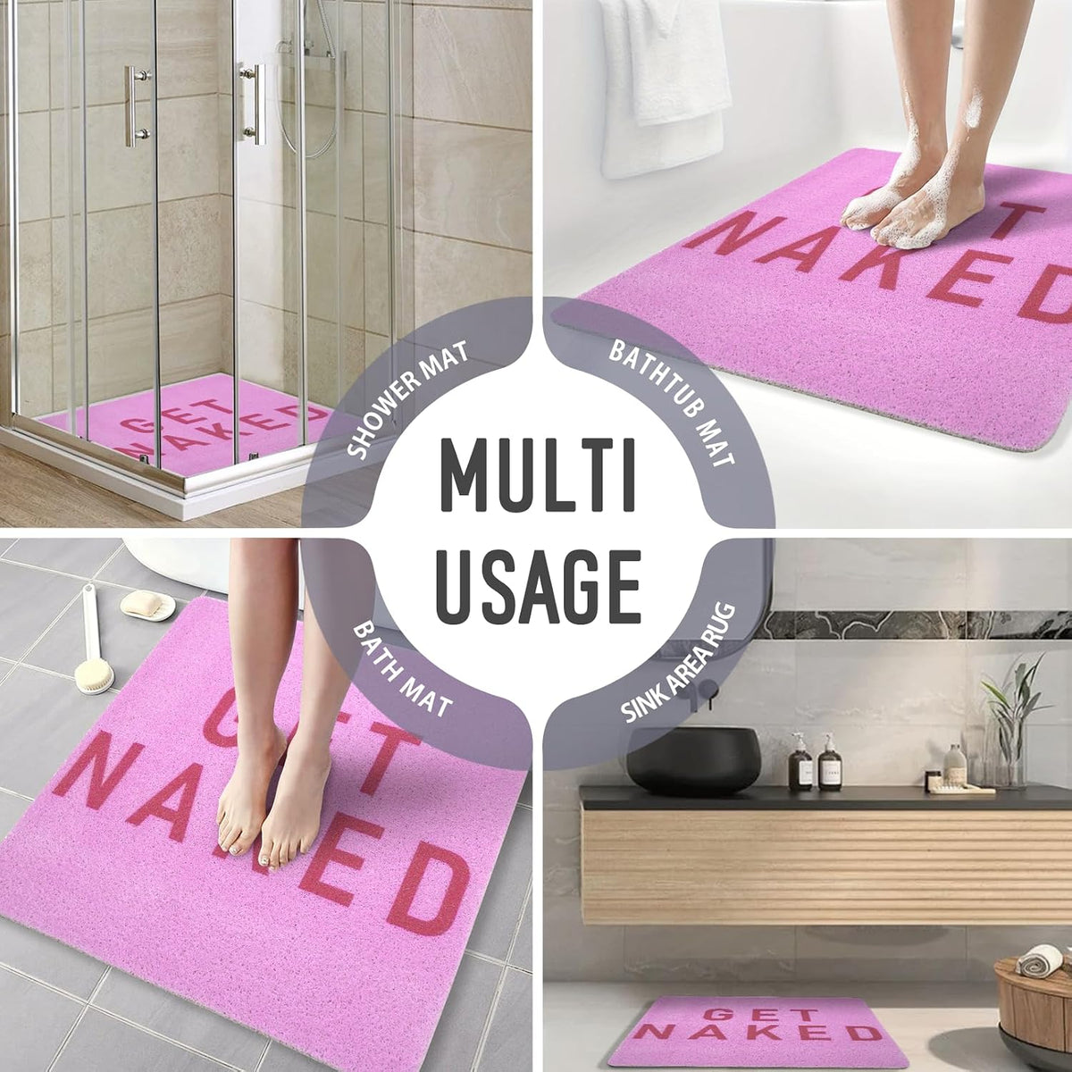 Square Shower Mat, 24 x 24 Inch Non Slip Get Naked Shower Stall Mat, Quick-Dry PVC Loofah Bath Mat for Shower Tub Bathroom
