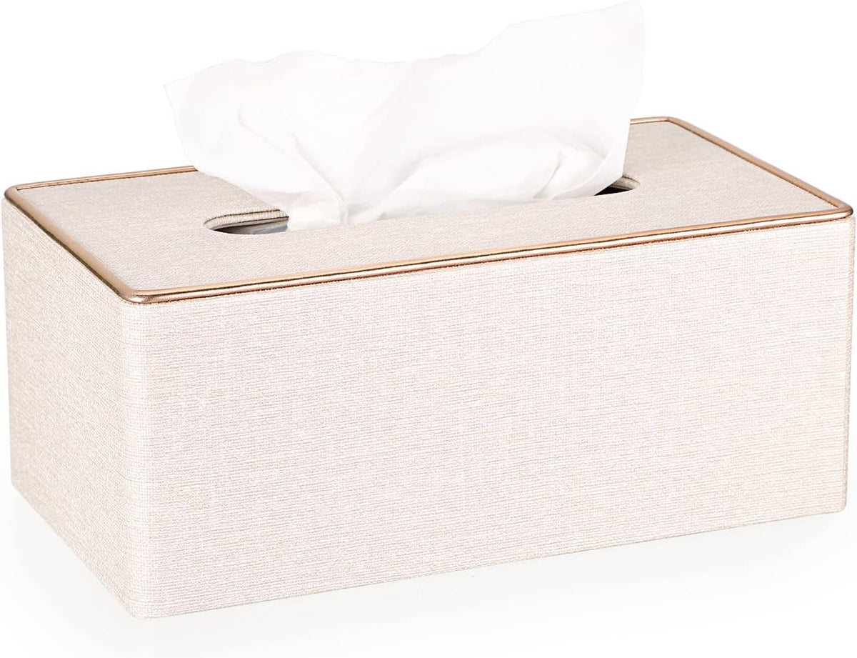 Rectangular Linen Tissue Box Cover - Stylish Tissue Box Holder with Magnetic Bottom, Decorative Tissue Box for Bathroom Toilet Vanity Night Stand Table Countertop Office, Beige Linen Texture