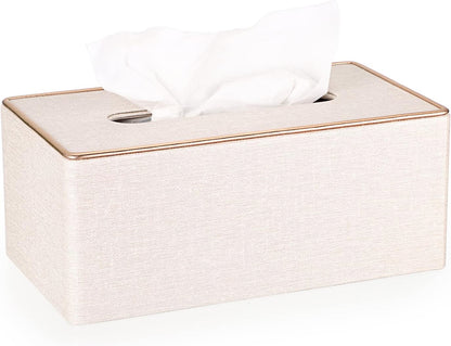 Rectangular Linen Tissue Box Cover - Stylish Tissue Box Holder with Magnetic Bottom, Decorative Tissue Box for Bathroom Toilet Vanity Night Stand Table Countertop Office, Beige Linen Texture