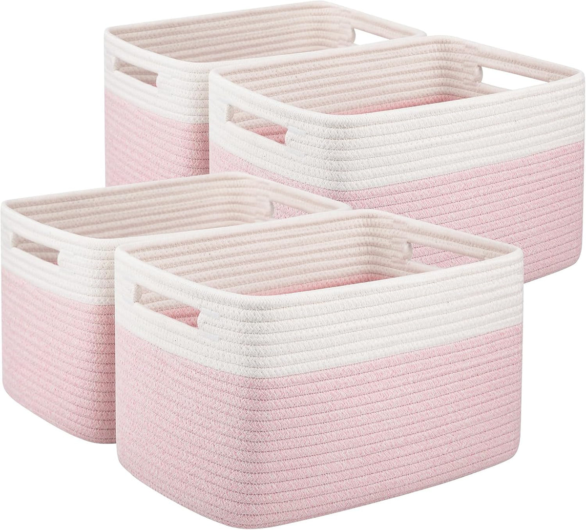OIAHOMY 4 Pack Storage Basket, 13"x9"x7.8" Cotton Rope Baskets for Shelves, Closet Organizer for Bedroom & Living Room, Soft Decorative Bins for Organizing Towels, Books & Toys, Pink & White