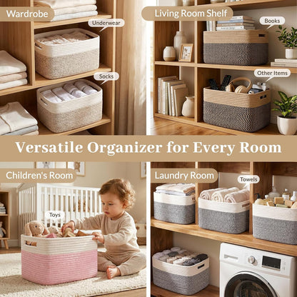 OIAHOMY 4 Pack Storage Basket, 13"x9"x7.8" Cotton Rope Baskets for Shelves, Closet Organizer for Bedroom & Living Room, Soft Decorative Bins for Organizing Towels, Books & Toys, Pink & White