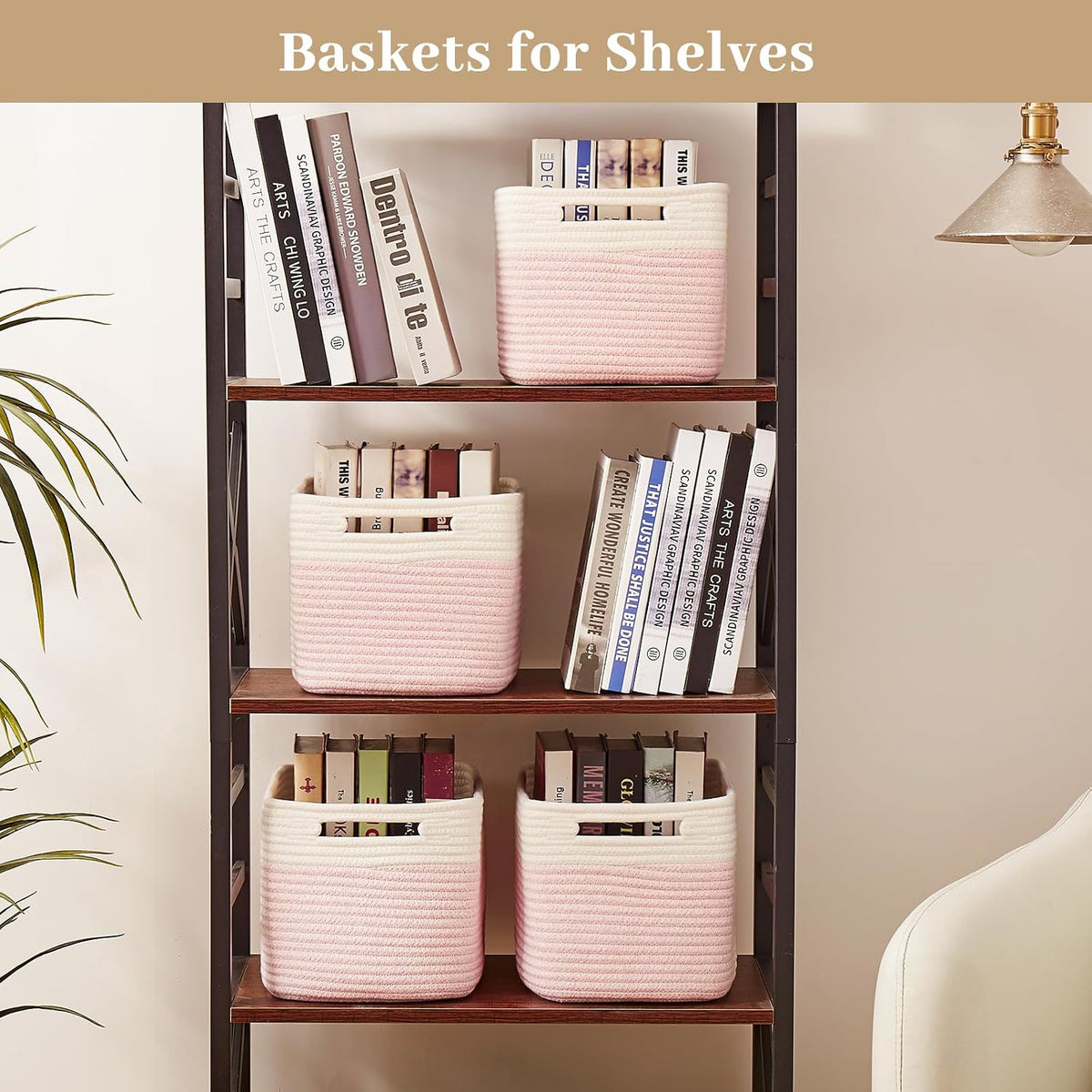 OIAHOMY 4 Pack Storage Basket, 13"x9"x7.8" Cotton Rope Baskets for Shelves, Closet Organizer for Bedroom & Living Room, Soft Decorative Bins for Organizing Towels, Books & Toys, Pink & White